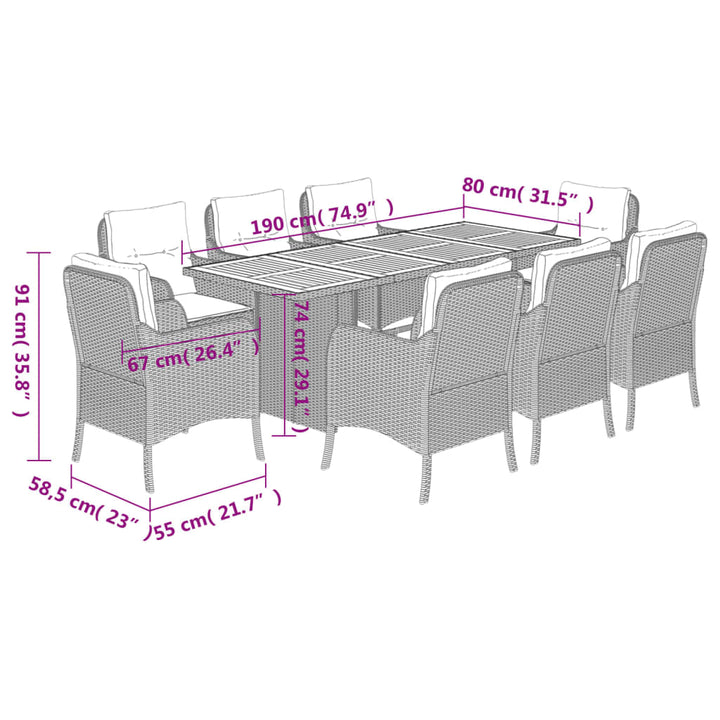 Set Mobilier Grădină Cu Perne, 9 Piese, , Poliratan