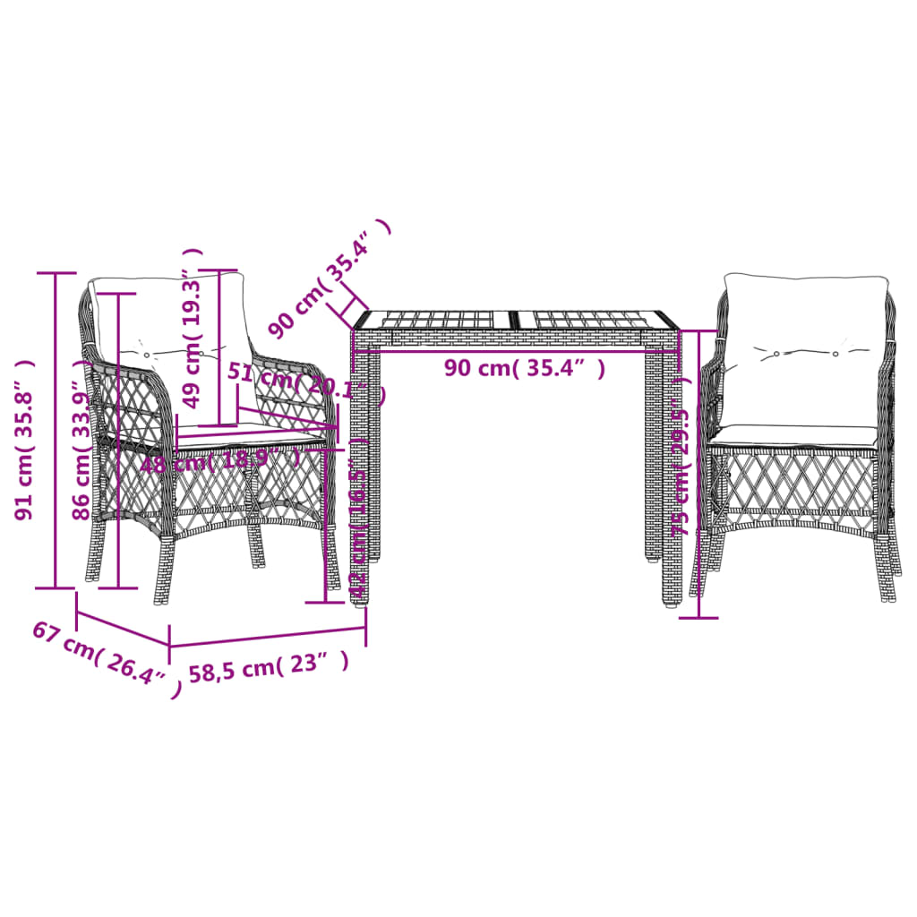 Set Bistro Cu Perne, 3 Piese, Negru, Poliratan
