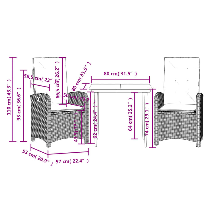 Set Mobilier De Grădină Cu Perne, 3 Piese, Negru, Poliratan