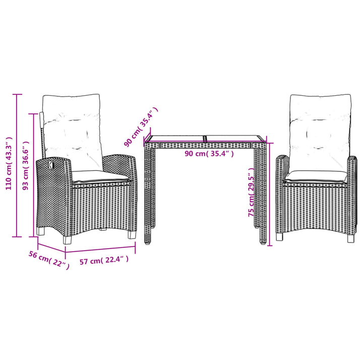 Set Mobilier De Grădină Cu Perne, 3 Piese, Negru, Poliratan