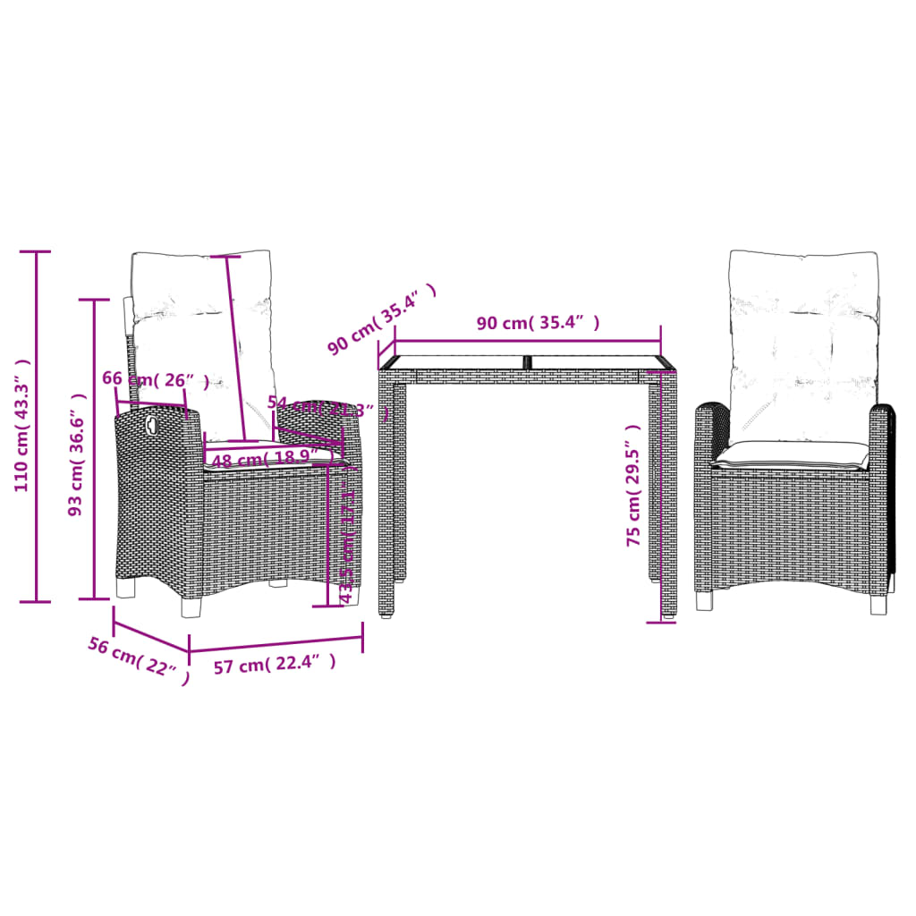 Set Mobilier De Grădină Cu Perne, 3 Piese, Negru, Poliratan