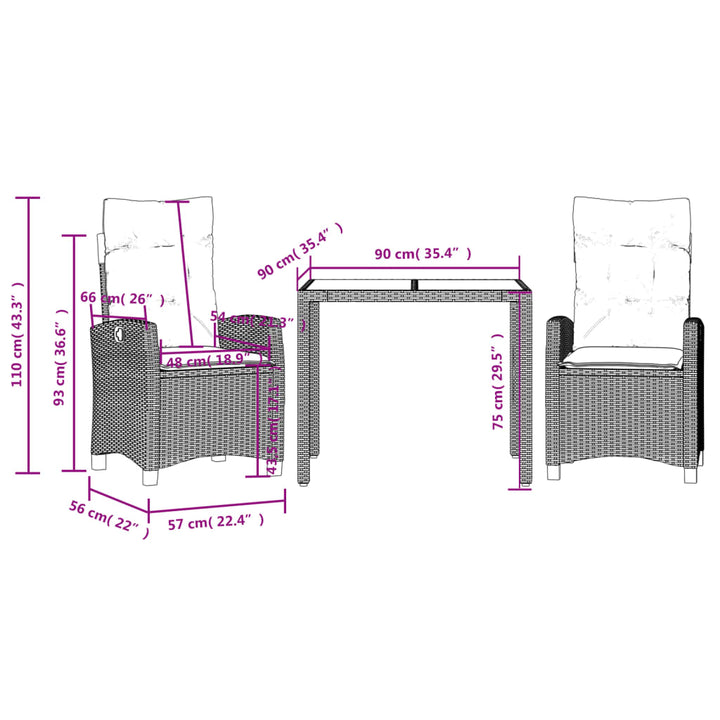 Set Mobilier De Grădină Cu Perne, 3 Piese, Negru, Poliratan