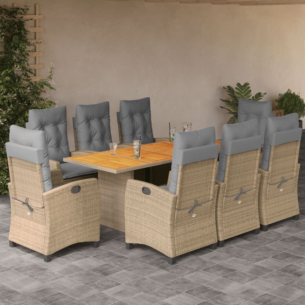 Set De Masă Pentru Grădină, 9 Piese, Cu Perne, Bej, Poliratan