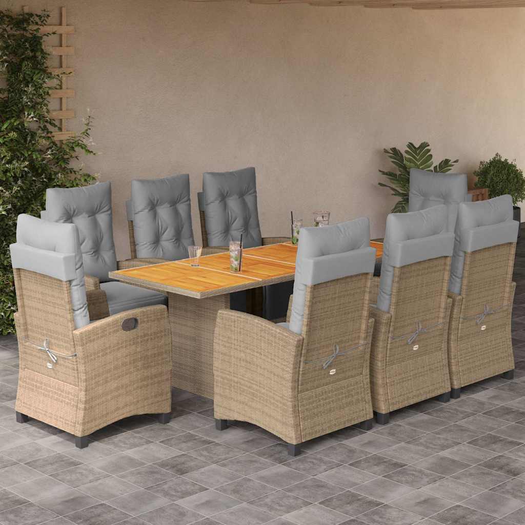 Set Mobilier De Grădină Cu Perne, 9 Piese, Maro, Poliratan