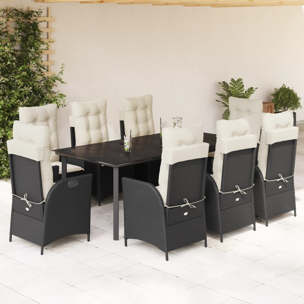 Set Mobilier De Grădină Cu Perne, 9 Piese, Negru, Poliratan Negru Și Crem