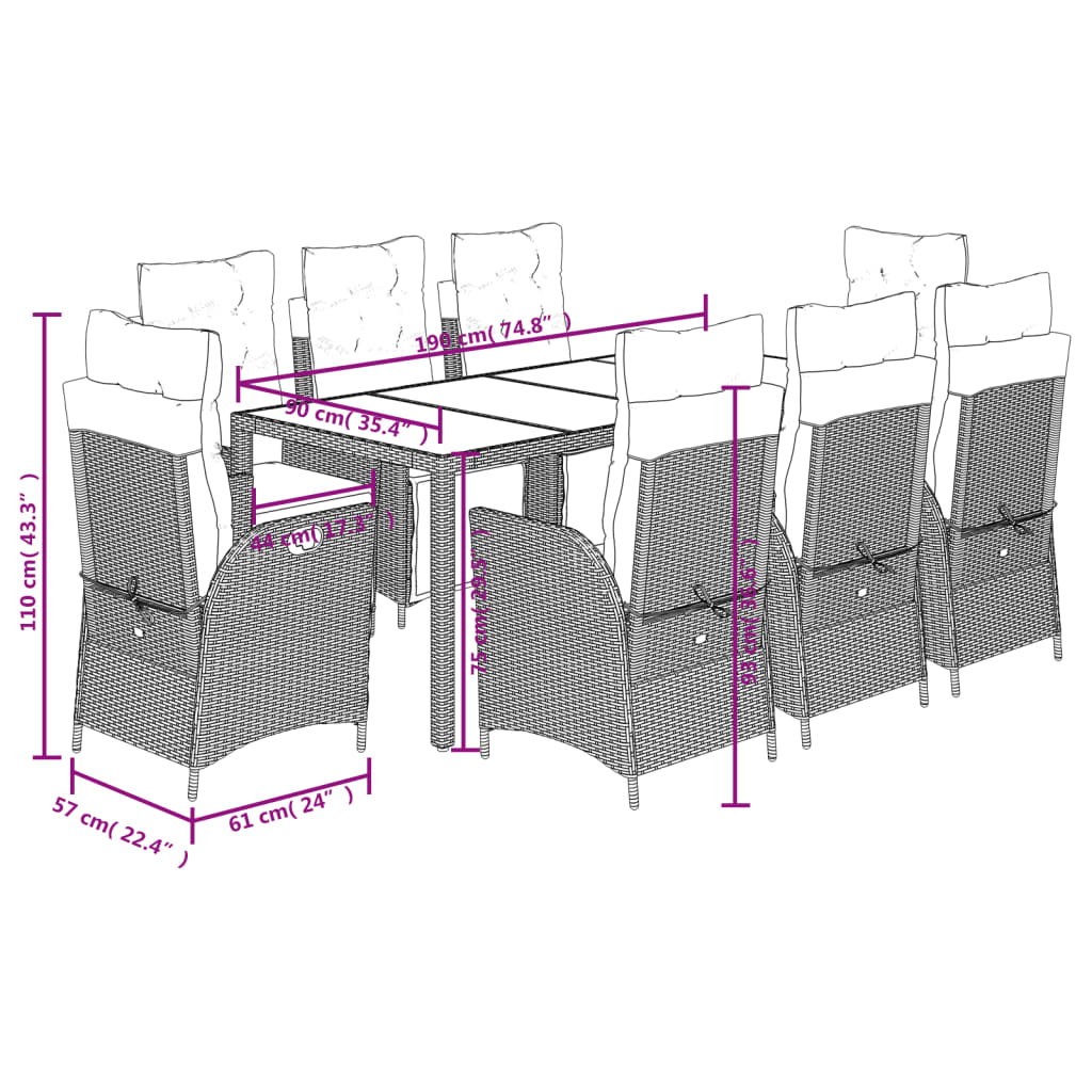 Set Mobilier De Grădină Cu Perne, 9 Piese, , Poliratan