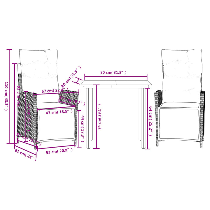 Set Mobilier De Grădină Cu Perne, 3 Piese, Negru, Poliratan