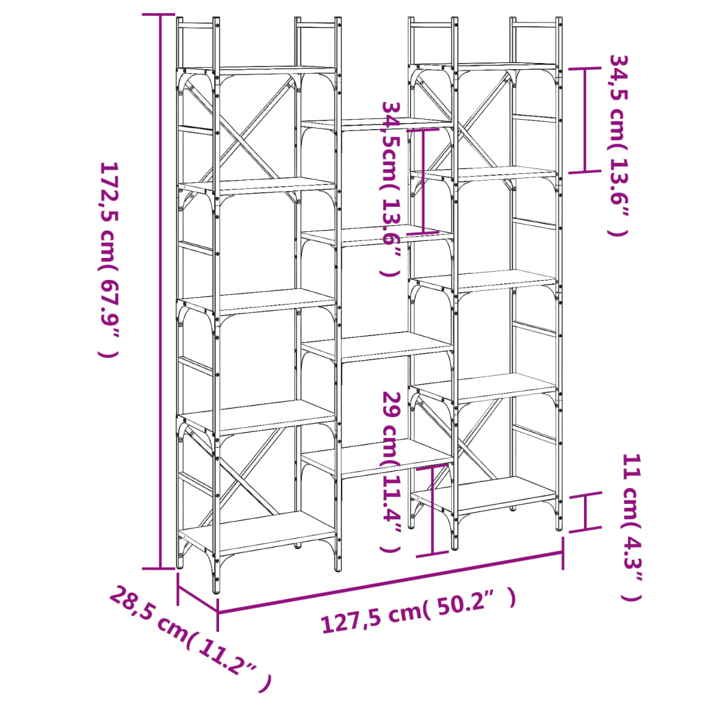 Bibliotecă, Gri Sonoma, 127,5X28,5X172,5 Cm, Lemn Prelucrat