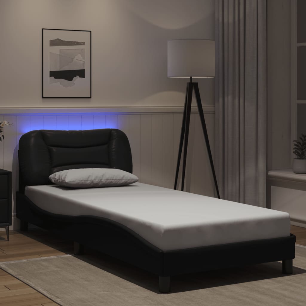 Cadru De Pat Cu Lumini Led Negru/Alb Piele Ecologică