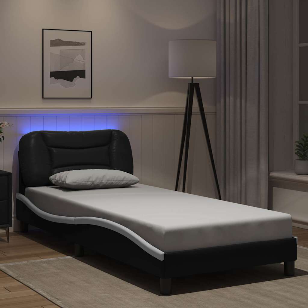 Cadru De Pat Cu Lumini Led Negru/Alb Piele Ecologică