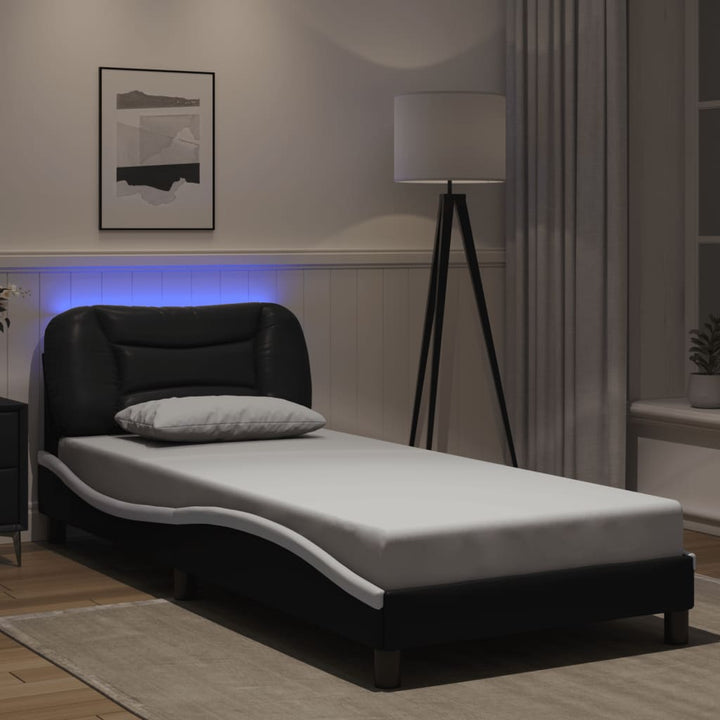 Cadru De Pat Cu Lumini Led Negru/Alb Piele Ecologică