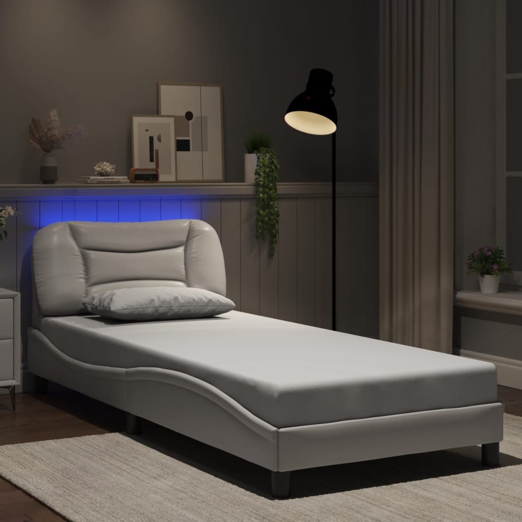 Cadru De Pat Cu Lumini Led Negru/Alb Piele Ecologică