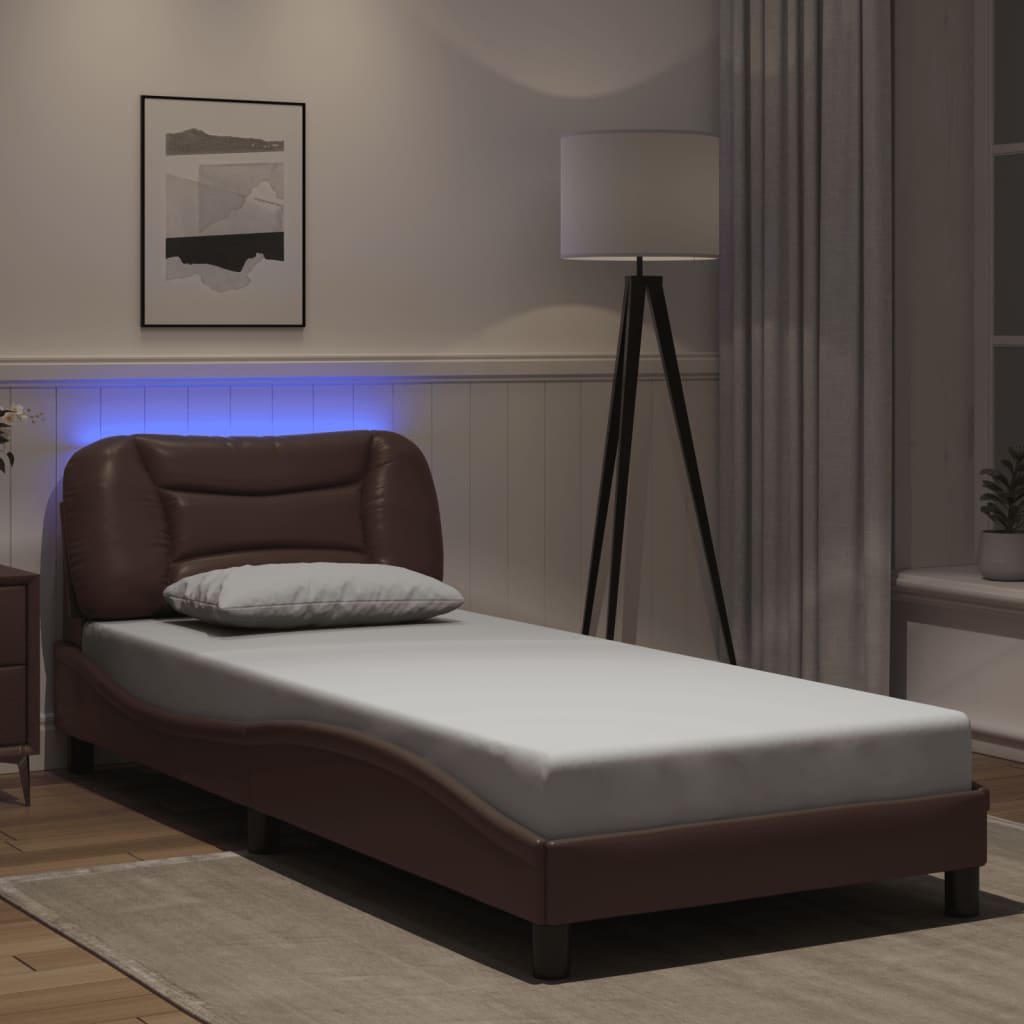 Cadru De Pat Cu Lumini Led Negru/Alb Piele Ecologică