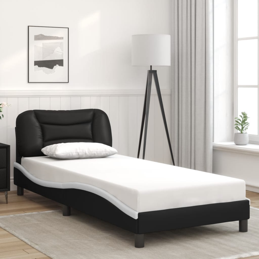 Cadru De Pat Cu Lumini Led Negru/Alb Piele Ecologică