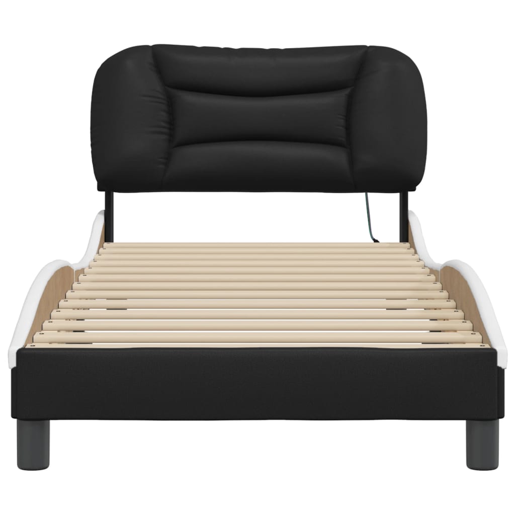 Cadru De Pat Cu Lumini Led Negru/Alb Piele Ecologică