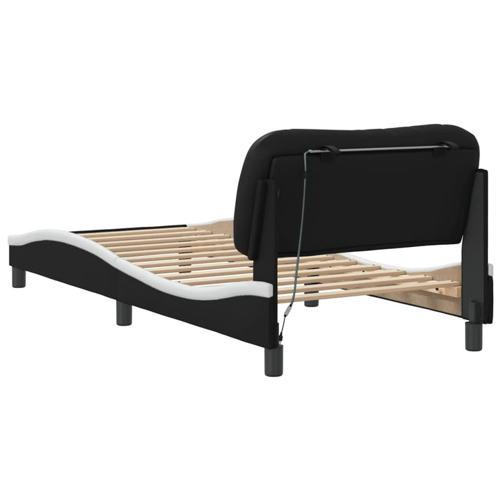 Cadru De Pat Cu Lumini Led Negru/Alb Piele Ecologică