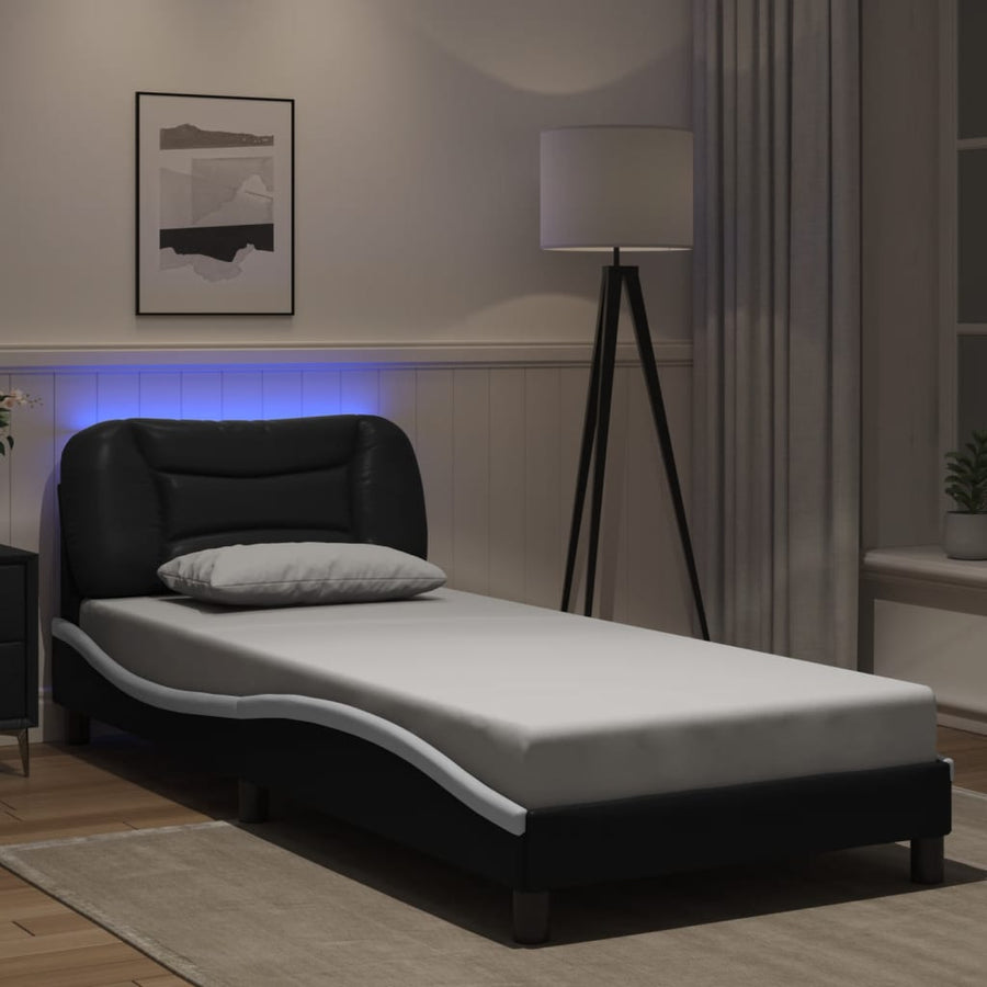Cadru De Pat Cu Lumini Led Negru/Alb Piele Ecologică