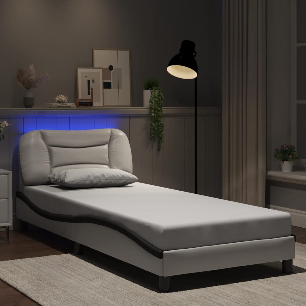 Cadru De Pat Cu Lumini Led Negru/Alb Piele Ecologică