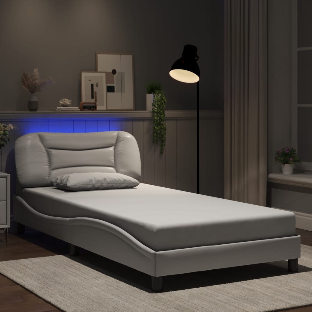 Cadru De Pat Cu Lumini Led Negru/Alb Piele Ecologică