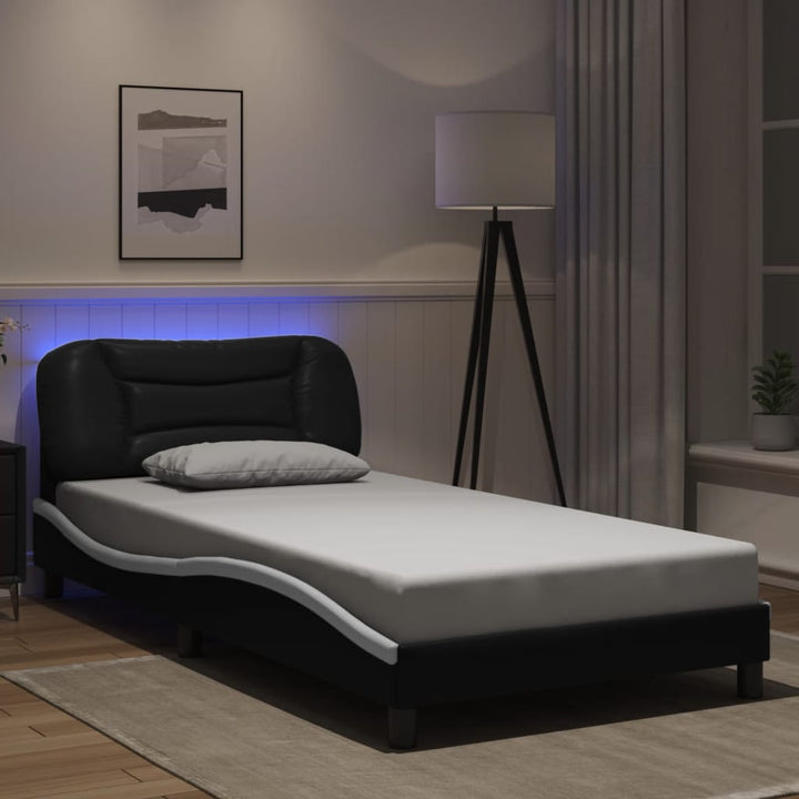 Cadru De Pat Cu Lumini Led Negru/Alb Piele Ecologică
