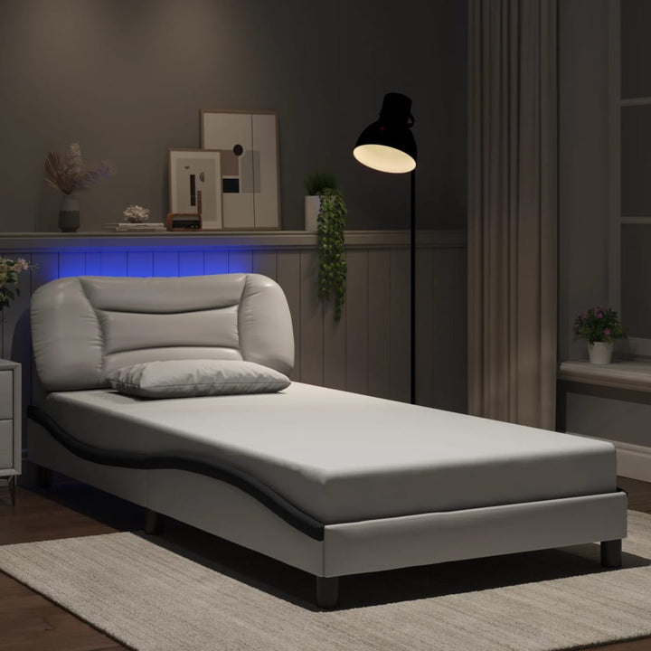 Cadru De Pat Cu Lumini Led Negru/Alb Piele Ecologică