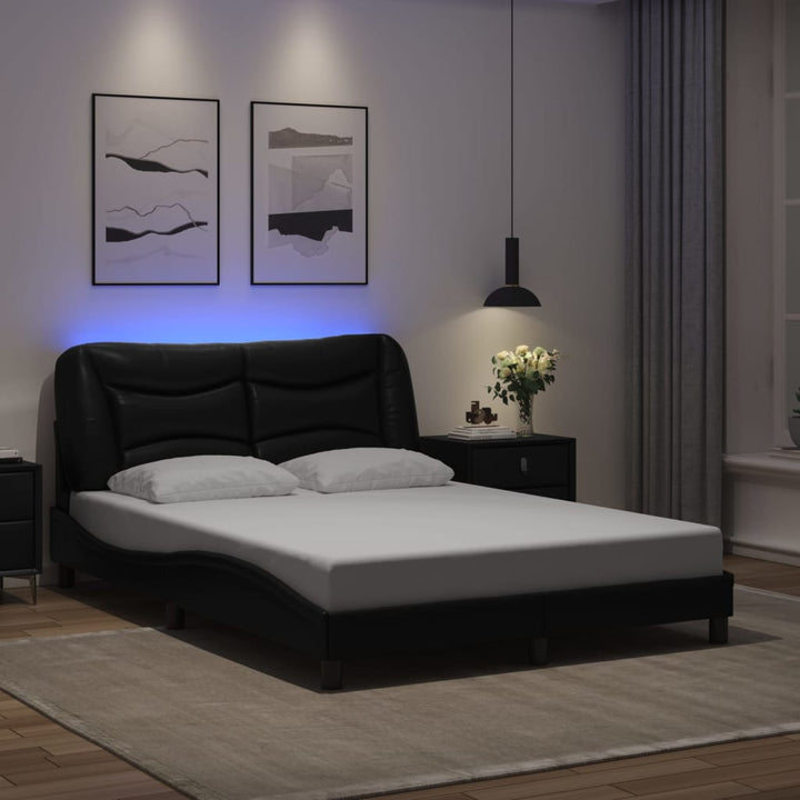 Cadru De Pat Cu Lumini Led Negru/Alb Piele Ecologică