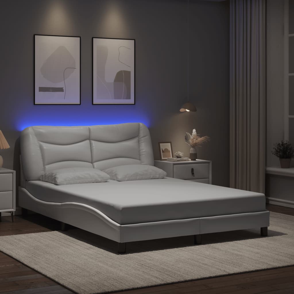 Cadru De Pat Cu Lumini Led Negru/Alb Piele Ecologică