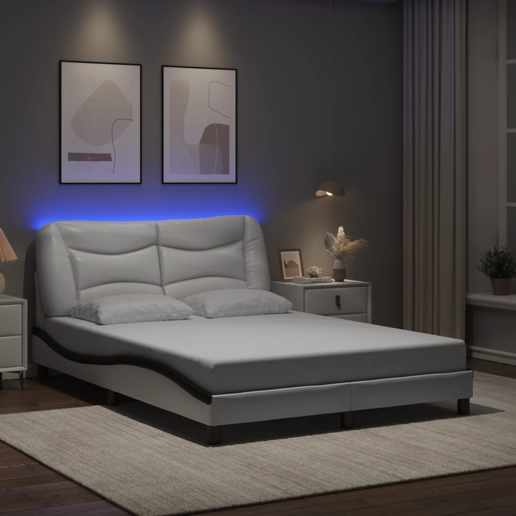 Cadru De Pat Cu Lumini Led Negru/Alb Piele Ecologică