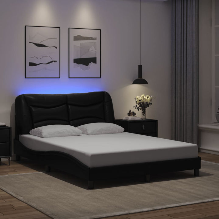 Cadru De Pat Cu Lumini Led Negru/Alb Piele Ecologică