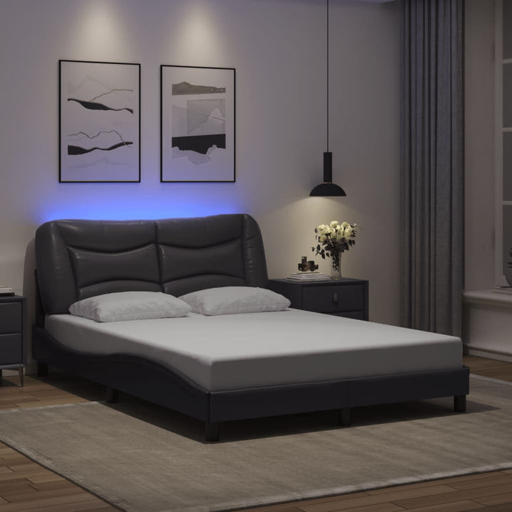 Cadru De Pat Cu Lumini Led Negru/Alb Piele Ecologică