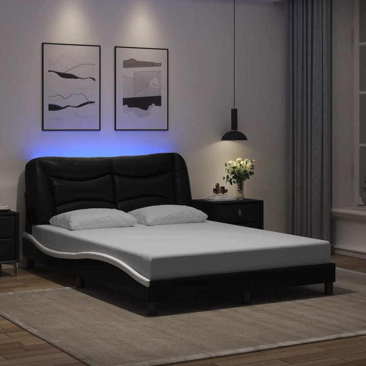 Cadru De Pat Cu Lumini Led Negru/Alb Piele Ecologică