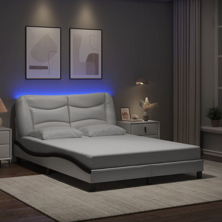 Cadru De Pat Cu Lumini Led Negru/Alb Piele Ecologică