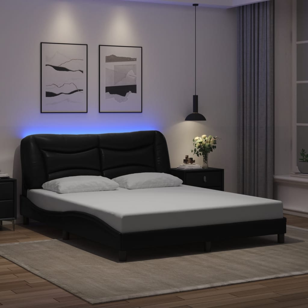 Cadru De Pat Cu Lumini Led Negru/Alb Piele Ecologică