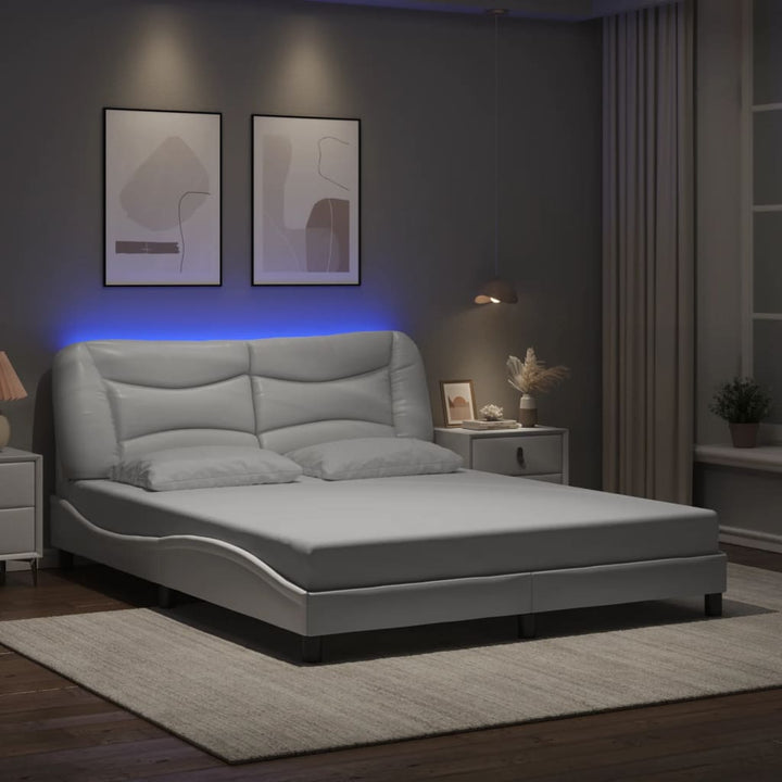 Cadru De Pat Cu Lumini Led Negru/Alb Piele Ecologică