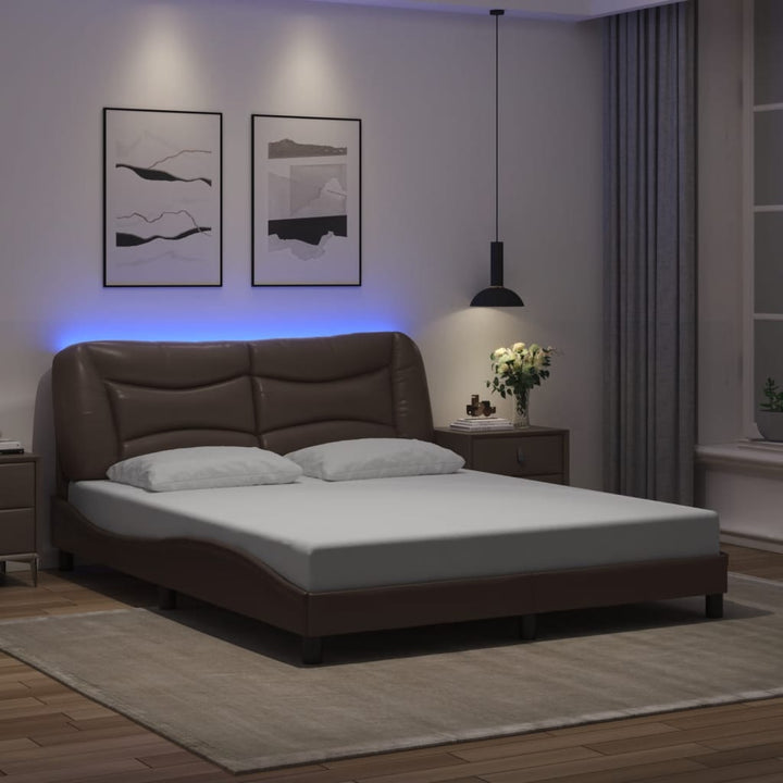 Cadru De Pat Cu Lumini Led Negru/Alb Piele Ecologică