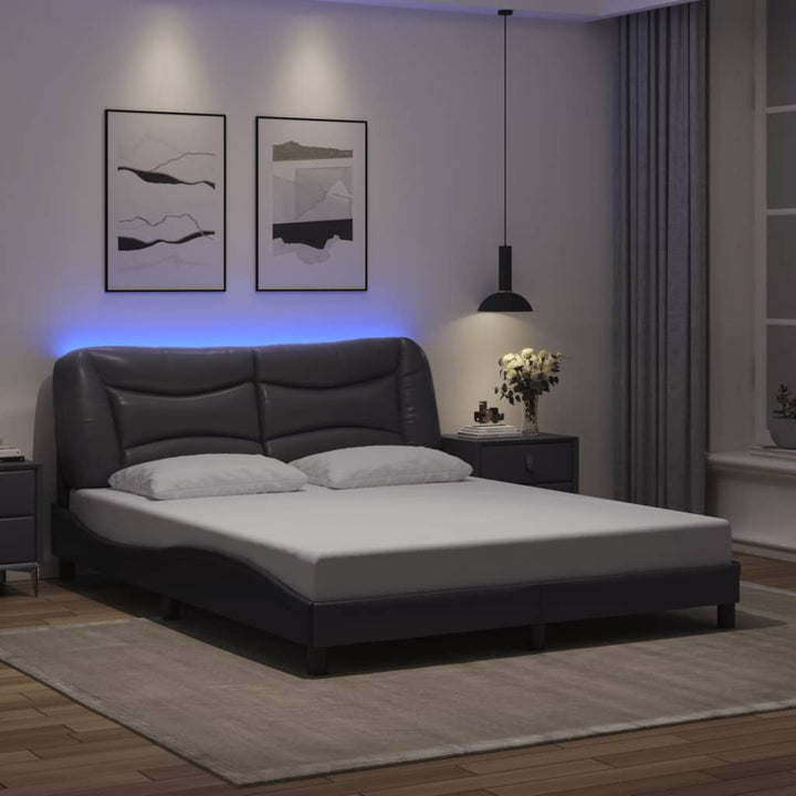 Cadru De Pat Cu Lumini Led Negru/Alb Piele Ecologică