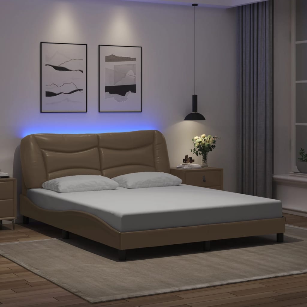 Cadru De Pat Cu Lumini Led Negru/Alb Piele Ecologică