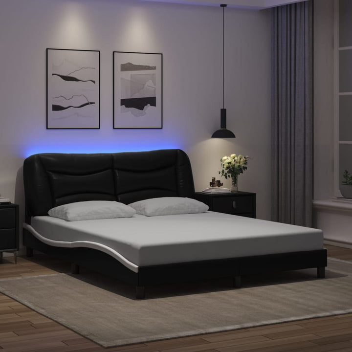 Cadru De Pat Cu Lumini Led Negru/Alb Piele Ecologică