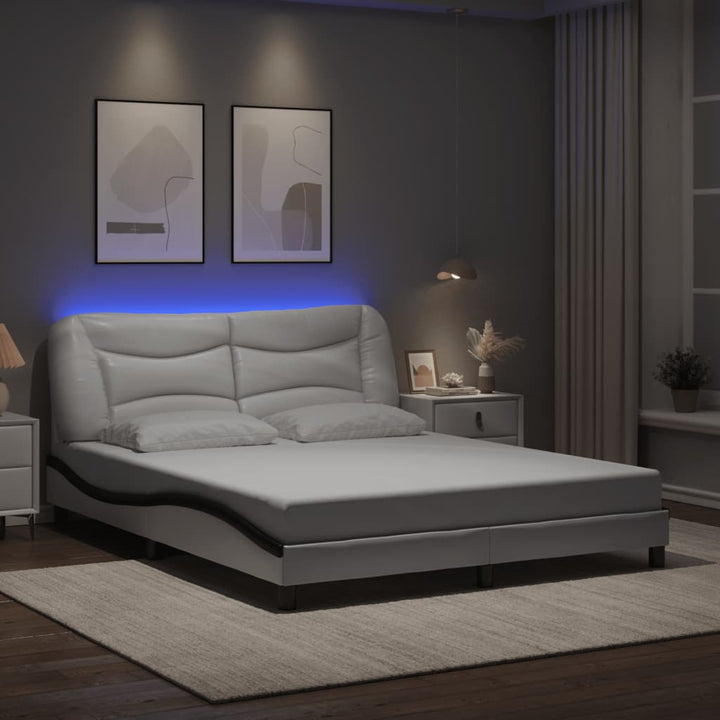 Cadru De Pat Cu Lumini Led Negru/Alb Piele Ecologică