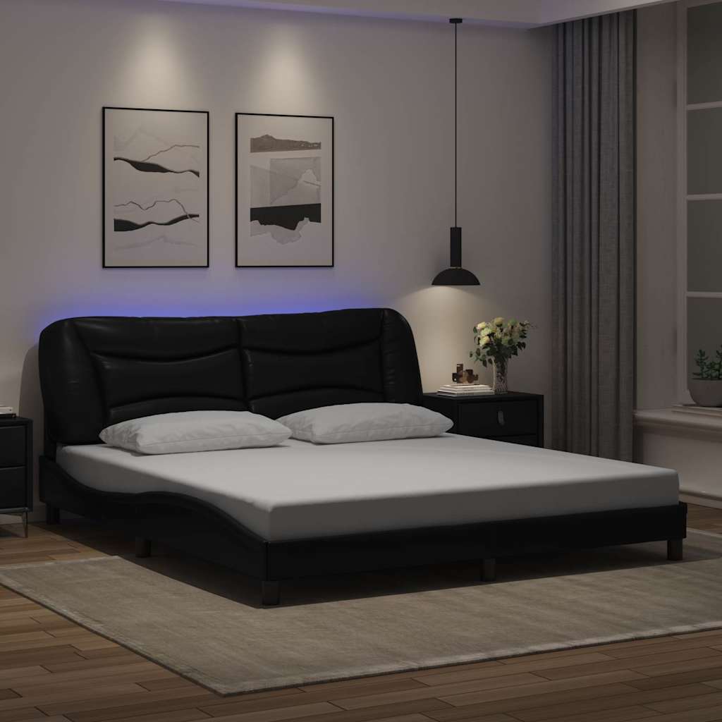 Cadru De Pat Cu Lumini Led Negru/Alb Piele Ecologică