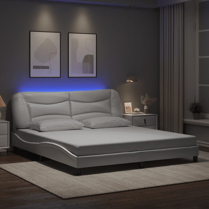 Cadru De Pat Cu Lumini Led Negru/Alb Piele Ecologică