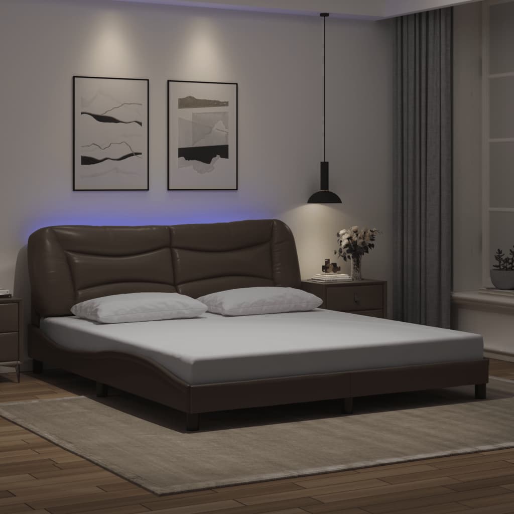 Cadru De Pat Cu Lumini Led Negru/Alb Piele Ecologică