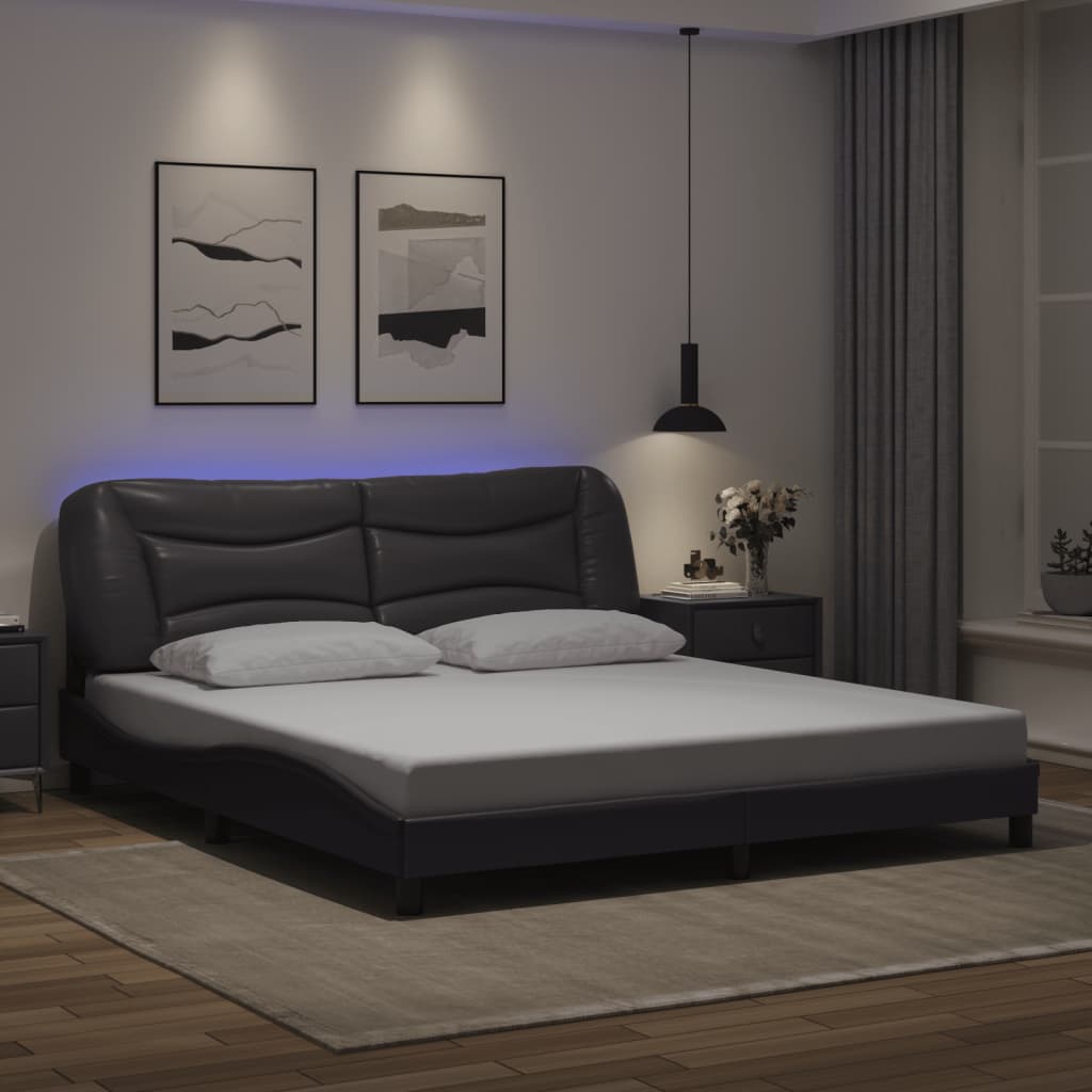 Cadru De Pat Cu Lumini Led Negru/Alb Piele Ecologică