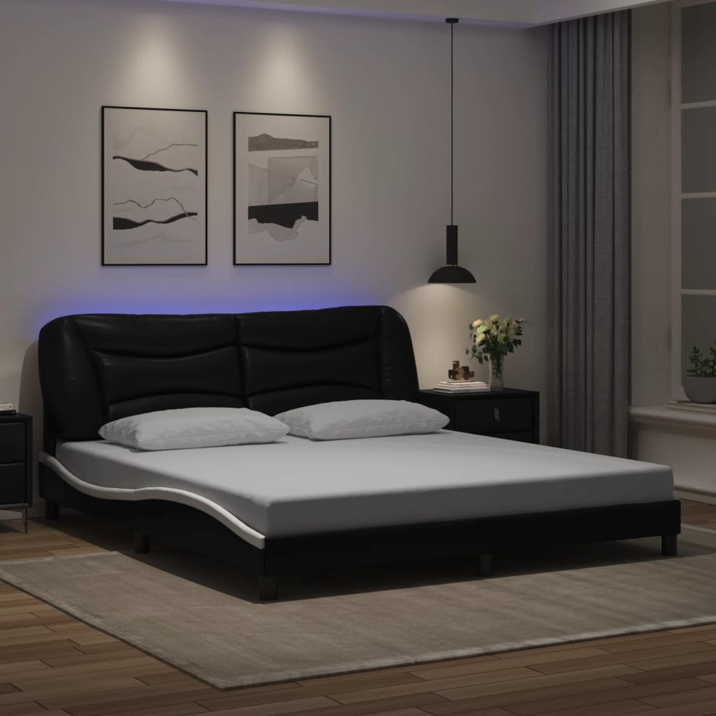 Cadru De Pat Cu Lumini Led Negru/Alb Piele Ecologică