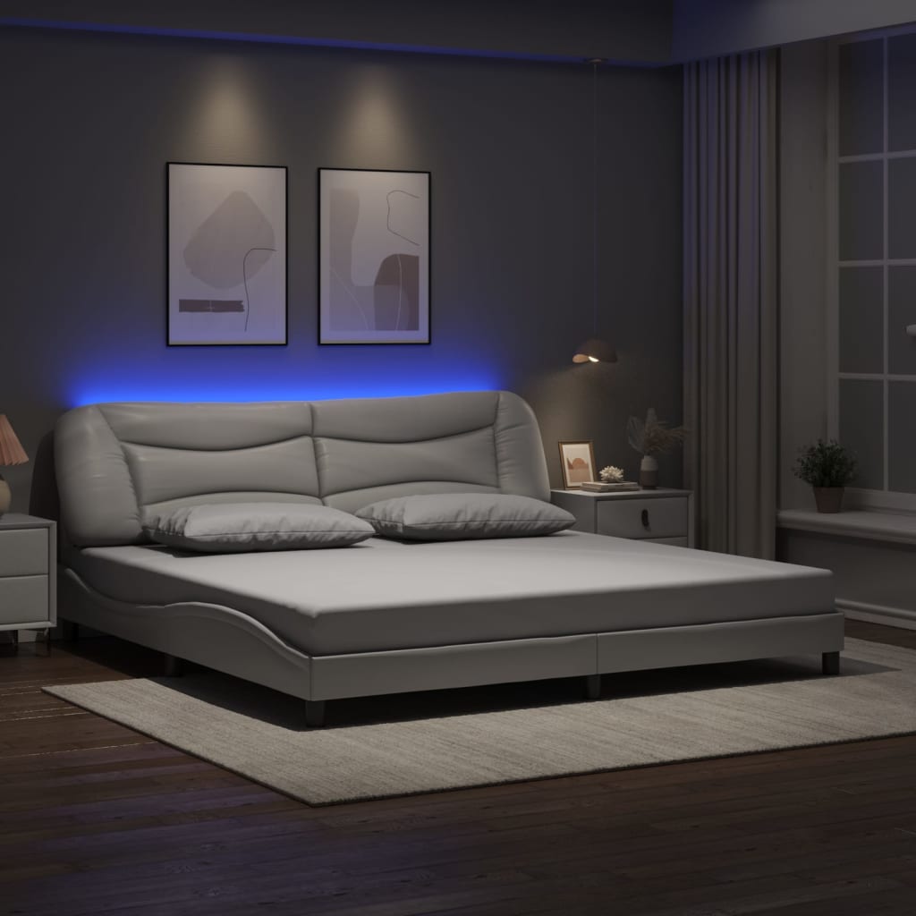 Cadru De Pat Cu Lumini Led Negru/Alb Piele Ecologică