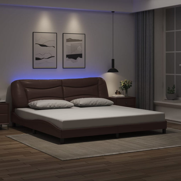Cadru De Pat Cu Lumini Led Negru/Alb Piele Ecologică