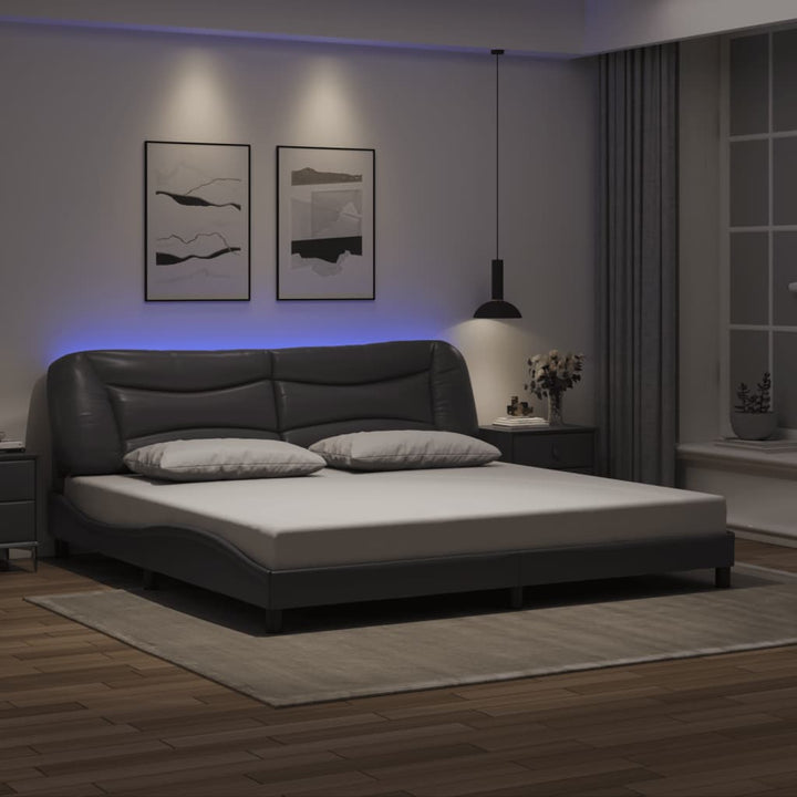 Cadru De Pat Cu Lumini Led Negru/Alb Piele Ecologică