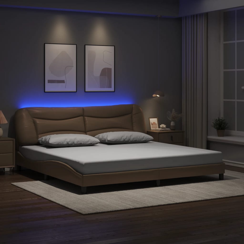 Cadru De Pat Cu Lumini Led Negru/Alb Piele Ecologică