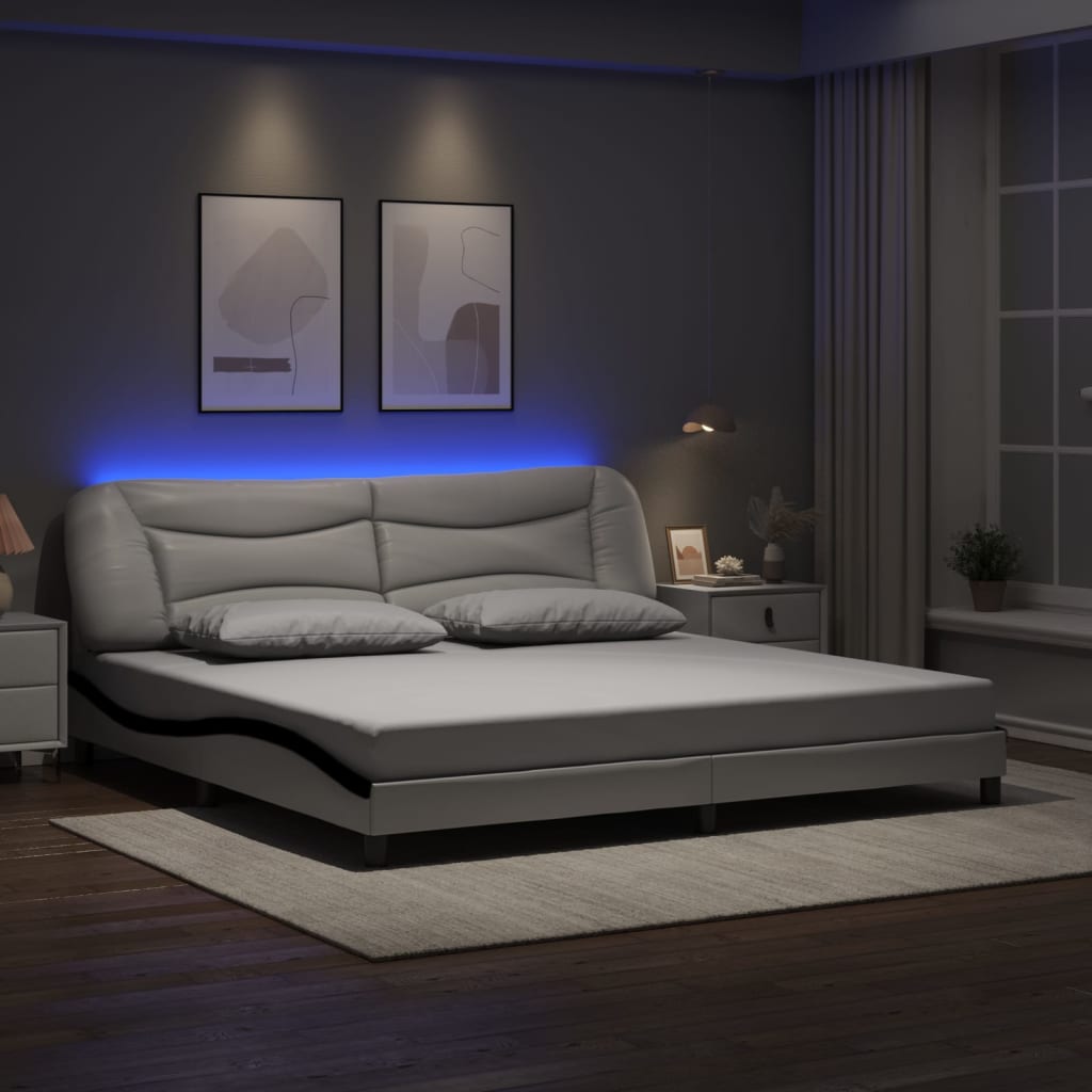 Cadru De Pat Cu Lumini Led Negru/Alb Piele Ecologică