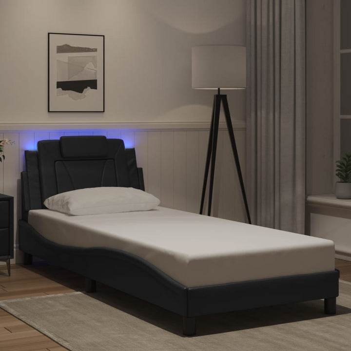Cadru De Pat Cu Lumini Led Alb/Negru Piele Ecologică